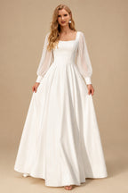 Rutipo Ivory A-Line Square Neckline Long Sleeves Floor-Length Chiffon/Elastic Satin Wedding Dresses