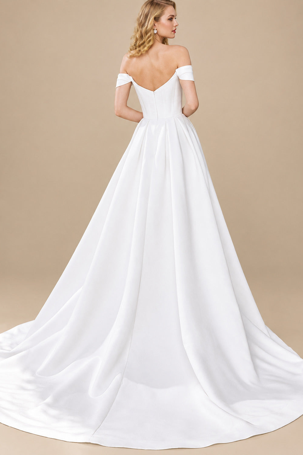 Rutipo White Ball-Gown Off-The-Shoulder Sleeveless Court Train Matte Satin Bride Wedding Dress With Pockets