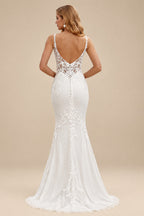 Rutipo Ivory Trumpet/Mermaid Plunge Neck Sleeveless Court Train Elastic Satin Wedding Dresses With Appliques Lace