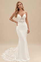 Rutipo Ivory Trumpet/Mermaid Plunge Neck Sleeveless Court Train Elastic Satin Wedding Dresses With Appliques Lace