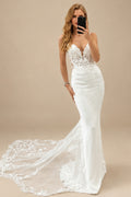 Rutipo Ivory Trumpet/Mermaid Plunge Neck Sleeveless Court Train Elastic Satin Wedding Dresses With Appliques Lace