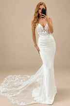 Rutipo Ivory Trumpet/Mermaid Plunge Neck Sleeveless Court Train Elastic Satin Wedding Dresses With Appliques Lace