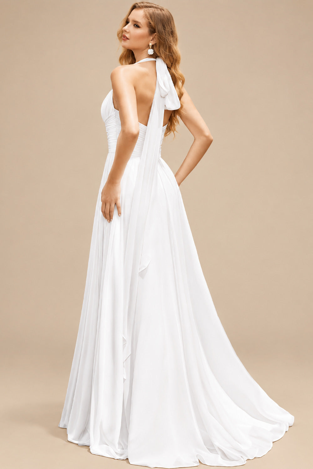 Rutipo White A-Line Halter Sleeveless Sweep Train Chiffon With Pockets Bride Wedding Dress