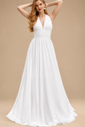 Rutipo White A-Line Halter Sleeveless Sweep Train Chiffon With Pockets Bride Wedding Dress