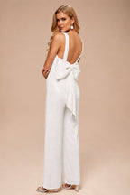 Rutipo White Jumpsuit/Pantsuit V-Neck Sleeveless Floor-Length Sequined With Bow(s) Bride Wedding Dress