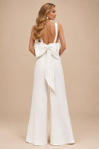 Rutipo White Jumpsuit/Pantsuit V-Neck Sleeveless Floor-Length Sequined With Bow(s) Bride Wedding Dress