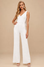Rutipo White Jumpsuit/Pantsuit V-Neck Sleeveless Floor-Length Sequined With Bow(s) Bride Wedding Dress