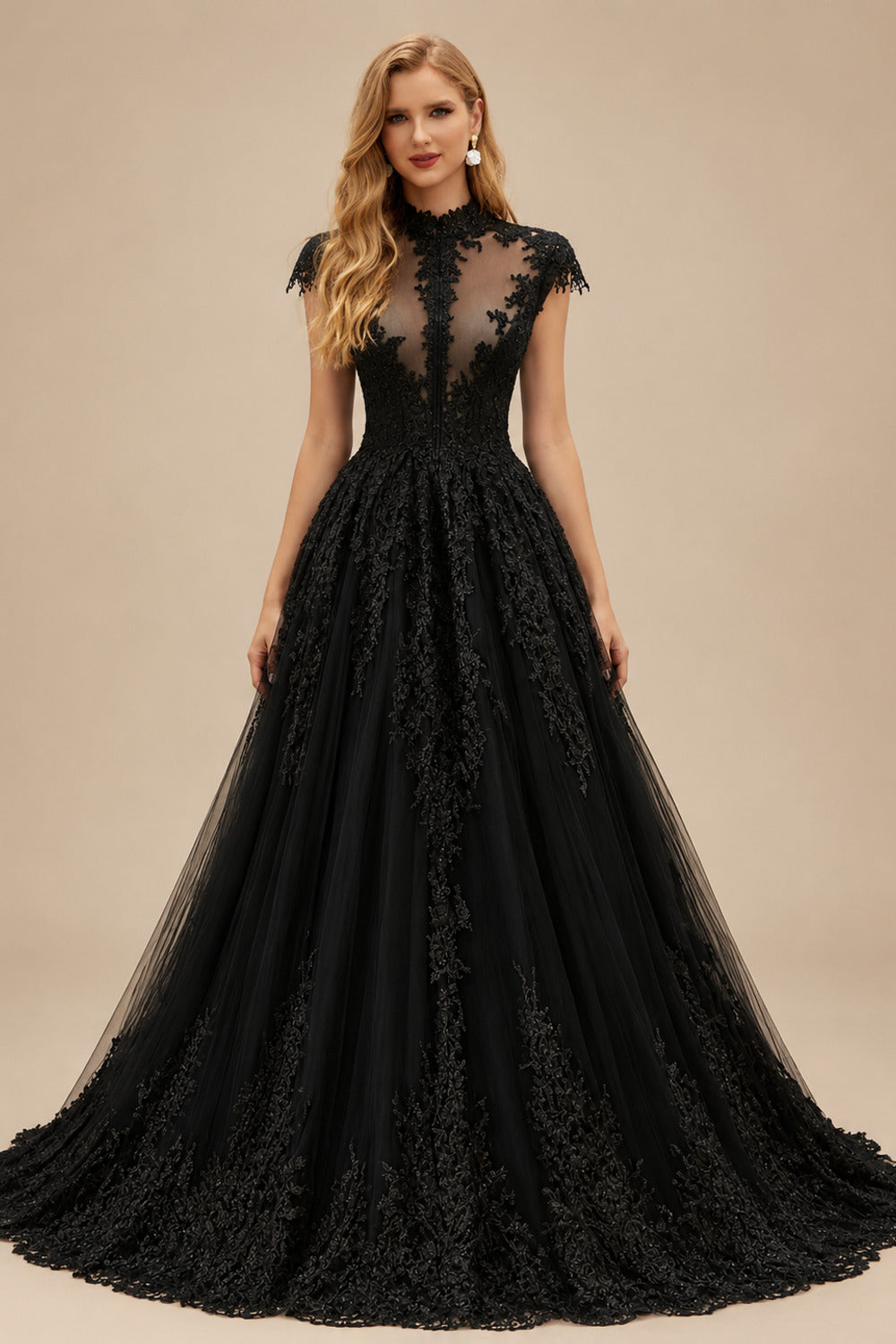 Rutipo Black Ball-Gown High Neck Sleeveless Sweep Train Satin/Tulle Wedding Dresses With Appliques Lace