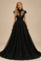 Rutipo Black Ball-Gown High Neck Sleeveless Sweep Train Satin/Tulle Wedding Dresses With Appliques Lace