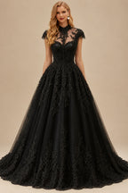 Rutipo Black Ball-Gown High Neck Sleeveless Sweep Train Satin/Tulle Wedding Dresses With Appliques Lace