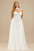 Rutipo Ivory A-Line Sweetheart Sleeveless Sweep Train Chiffon With Pleated Bride Wedding Dress