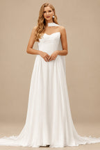 Rutipo Ivory A-Line Sweetheart Sleeveless Sweep Train Chiffon With Pleated Bride Wedding Dress