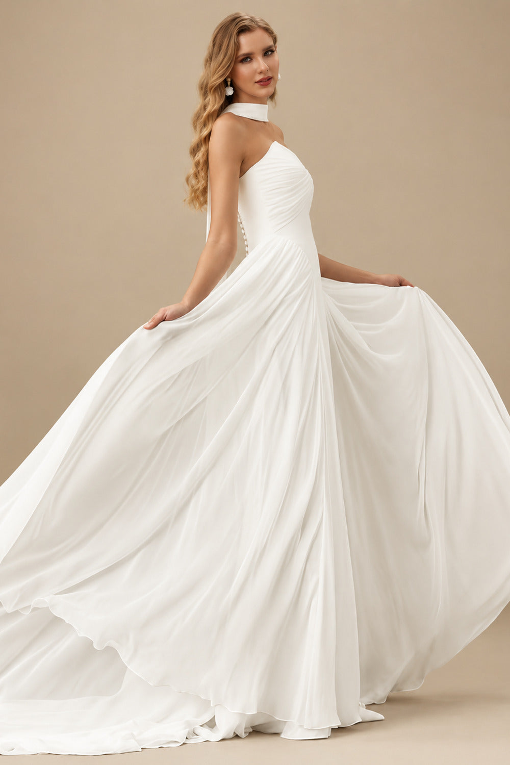 Rutipo Ivory A-Line Sweetheart Sleeveless Sweep Train Chiffon With Pleated Bride Wedding Dress