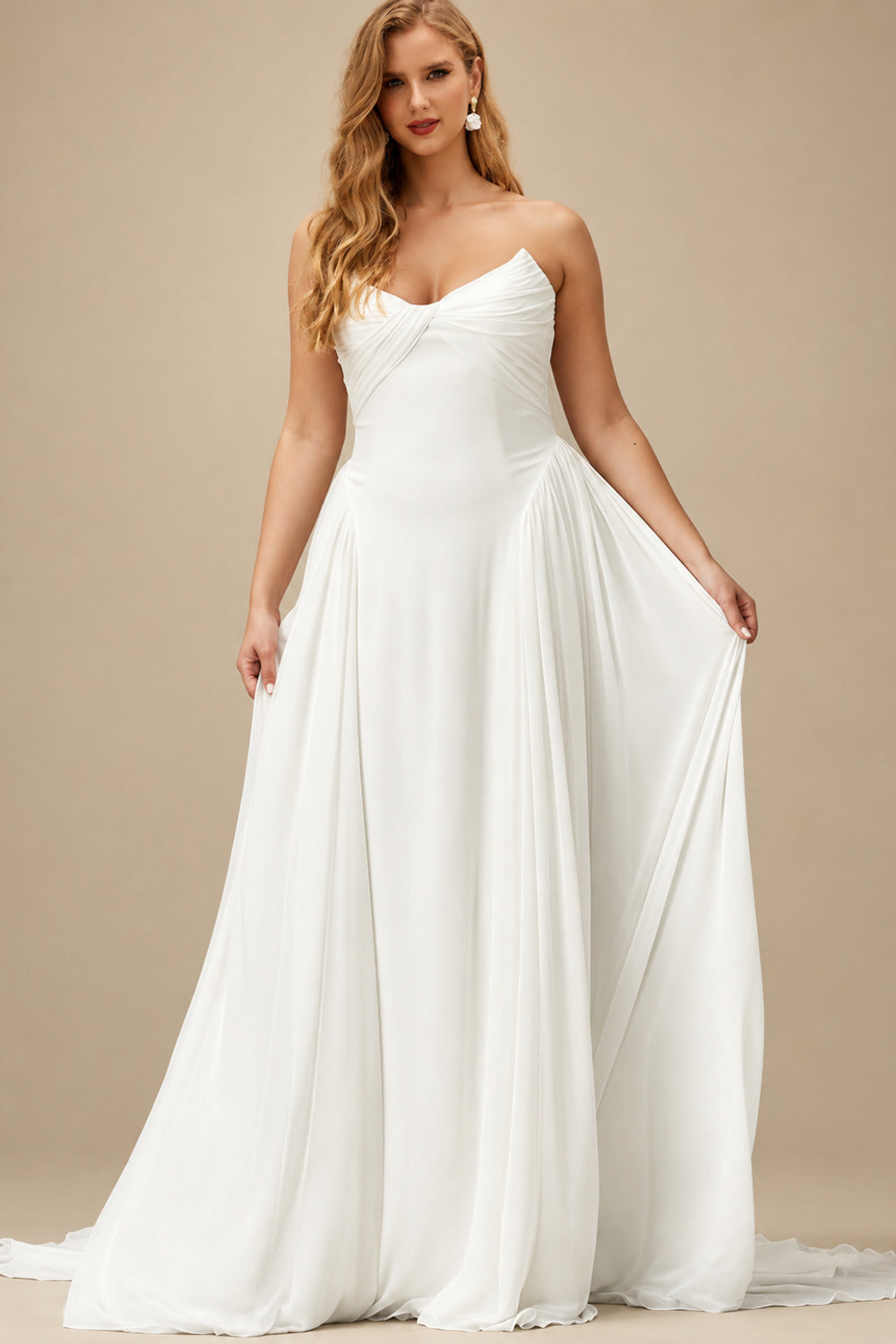Rutipo Ivory A-Line Sweetheart Sleeveless Sweep Train Chiffon With Pleated Bride Wedding Dress