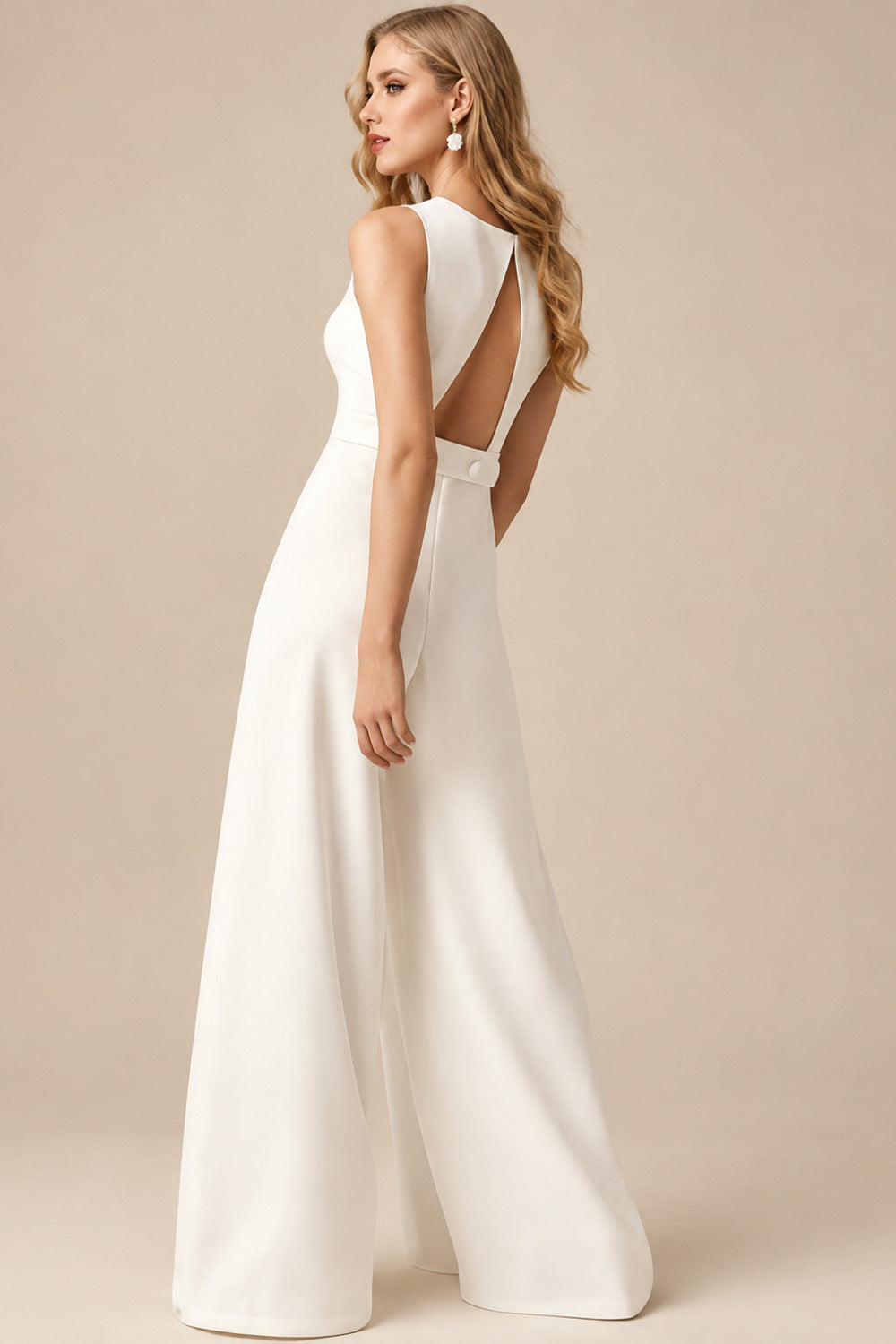 Rutipo Ivory Jumpsuit/Pantsuit Scoop Neck Sleeveless Floor-Length Italian Satin With Pockets Bride Wedding Dress