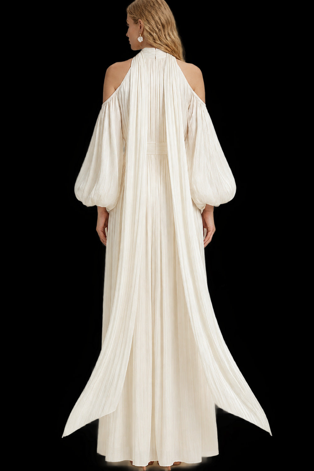 Rutipo Ivory A-Line Halter Long Sleeves Floor-Length With Pleated Bride Wedding Dress