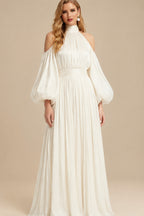 Rutipo Ivory A-Line Halter Long Sleeves Floor-Length With Pleated Bride Wedding Dress