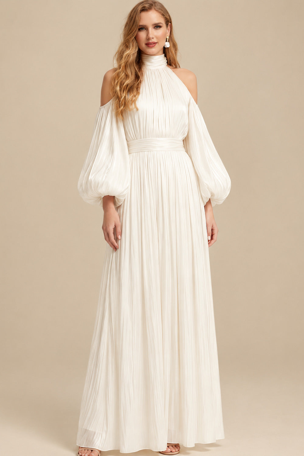 Rutipo Ivory A-Line Halter Long Sleeves Floor-Length With Pleated Bride Wedding Dress