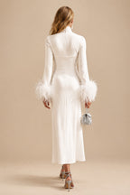Rutipo Ivory A-Line High Neck Long Sleeves Ankle-Length Crepe Satin Bride Wedding Dress