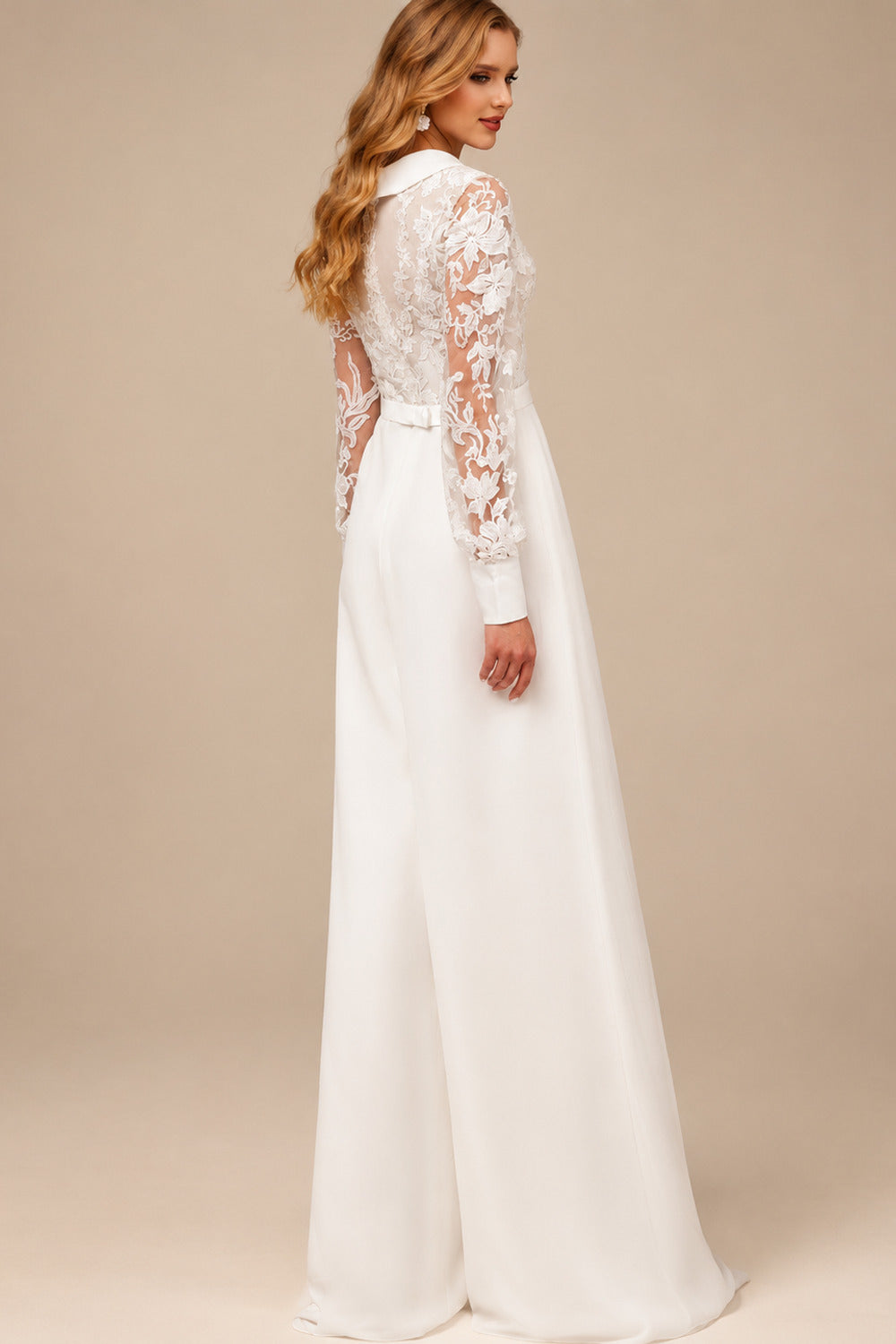 Rutipo As Picture Jumpsuit/Pantsuit V-Neck Long Sleeves Floor-Length Chiffon With Pocket Bride Wedding Dress