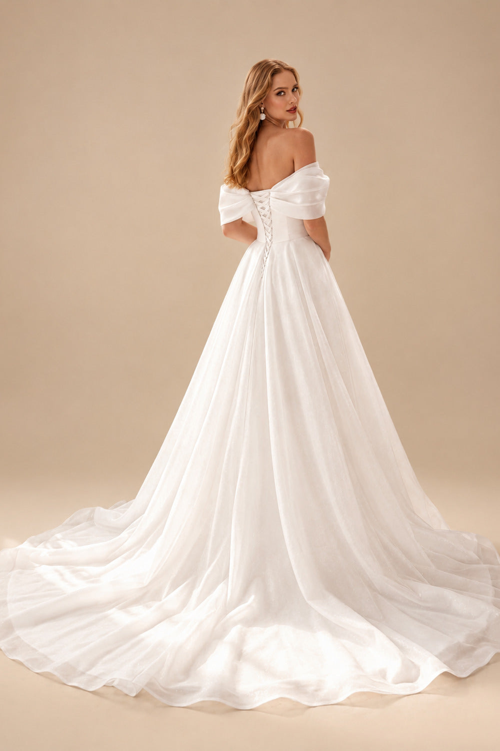 Rutipo Ivory Ball-Gown V-Neck/Off-The-Shoulder Sleeveless Sweep Train Tulle Wedding Dresses