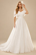 Rutipo Ivory Ball-Gown V-Neck/Off-The-Shoulder Sleeveless Sweep Train Tulle Wedding Dresses