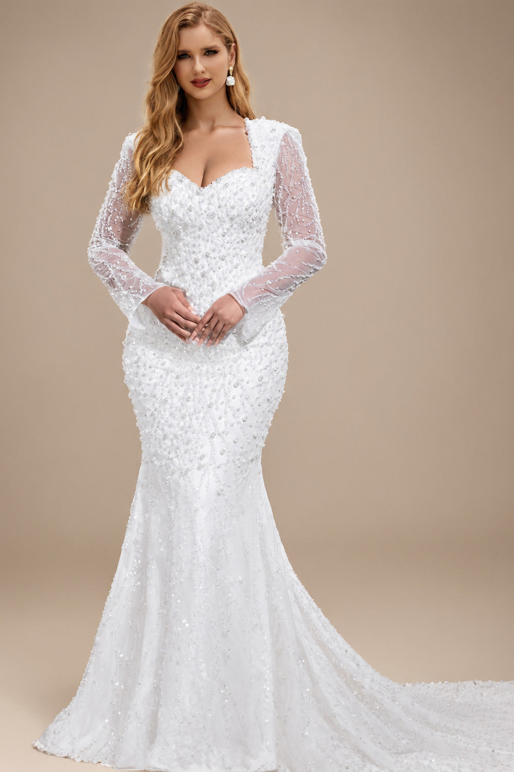 Rutipo White Trumpet/Mermaid Sweetheart Long Sleeves Lace/Satin Wedding Dresses With Beading/Sequins/Lace
