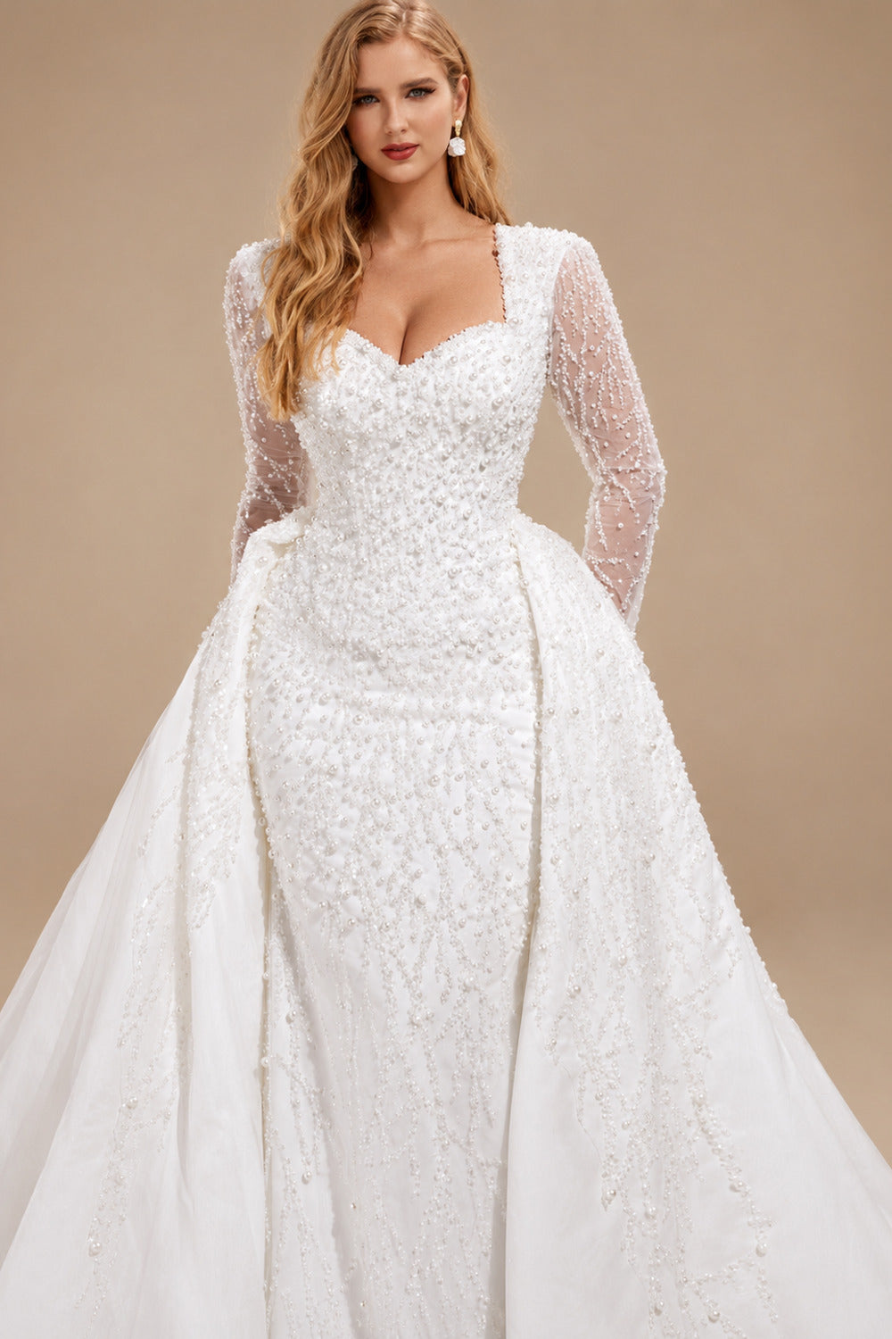 Rutipo White Trumpet/Mermaid Sweetheart Long Sleeves Lace/Satin Wedding Dresses With Beading/Sequins/Lace