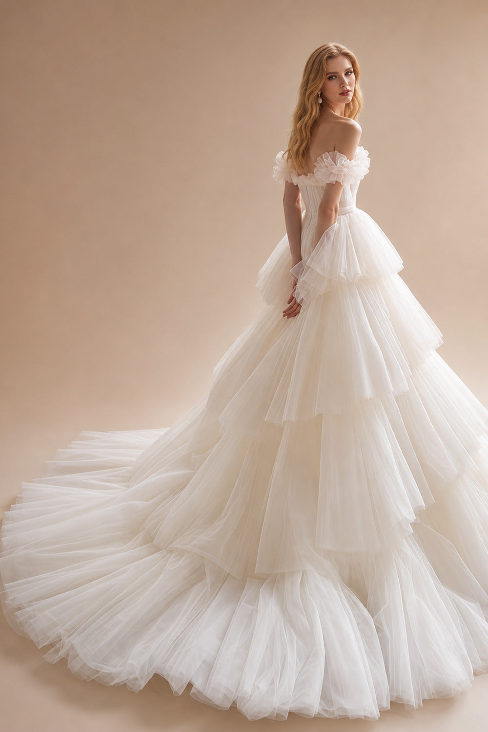Rutipo Ivory Ball-Gown Off-The-Shoulder Sleeveless Chapel Train Satin/Tulle Bride Wedding Dress With Cascading Ruffles