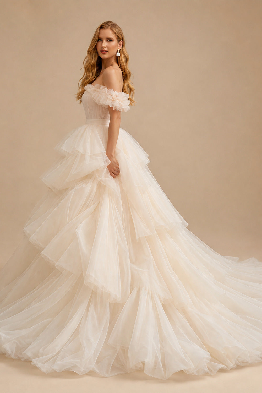 Rutipo Ivory Ball-Gown Off-The-Shoulder Sleeveless Chapel Train Satin/Tulle Bride Wedding Dress With Cascading Ruffles