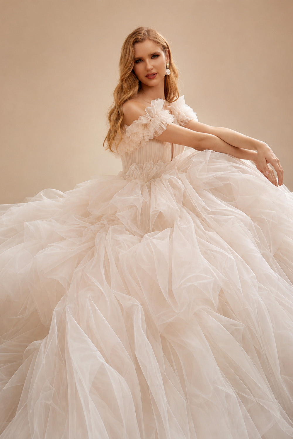 Rutipo Ivory Ball-Gown Off-The-Shoulder Sleeveless Chapel Train Satin/Tulle Bride Wedding Dress With Cascading Ruffles