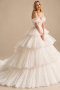 Rutipo Ivory Ball-Gown Off-The-Shoulder Sleeveless Chapel Train Satin/Tulle Bride Wedding Dress With Cascading Ruffles