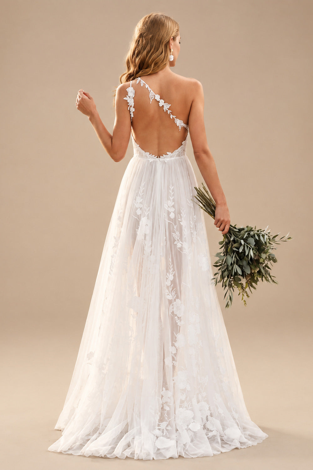 Rutipo Ivory A-Line One-Shoulder Sleeveless Sweep Train Tulle Bride Wedding Dress With Appliques Lace/High Split