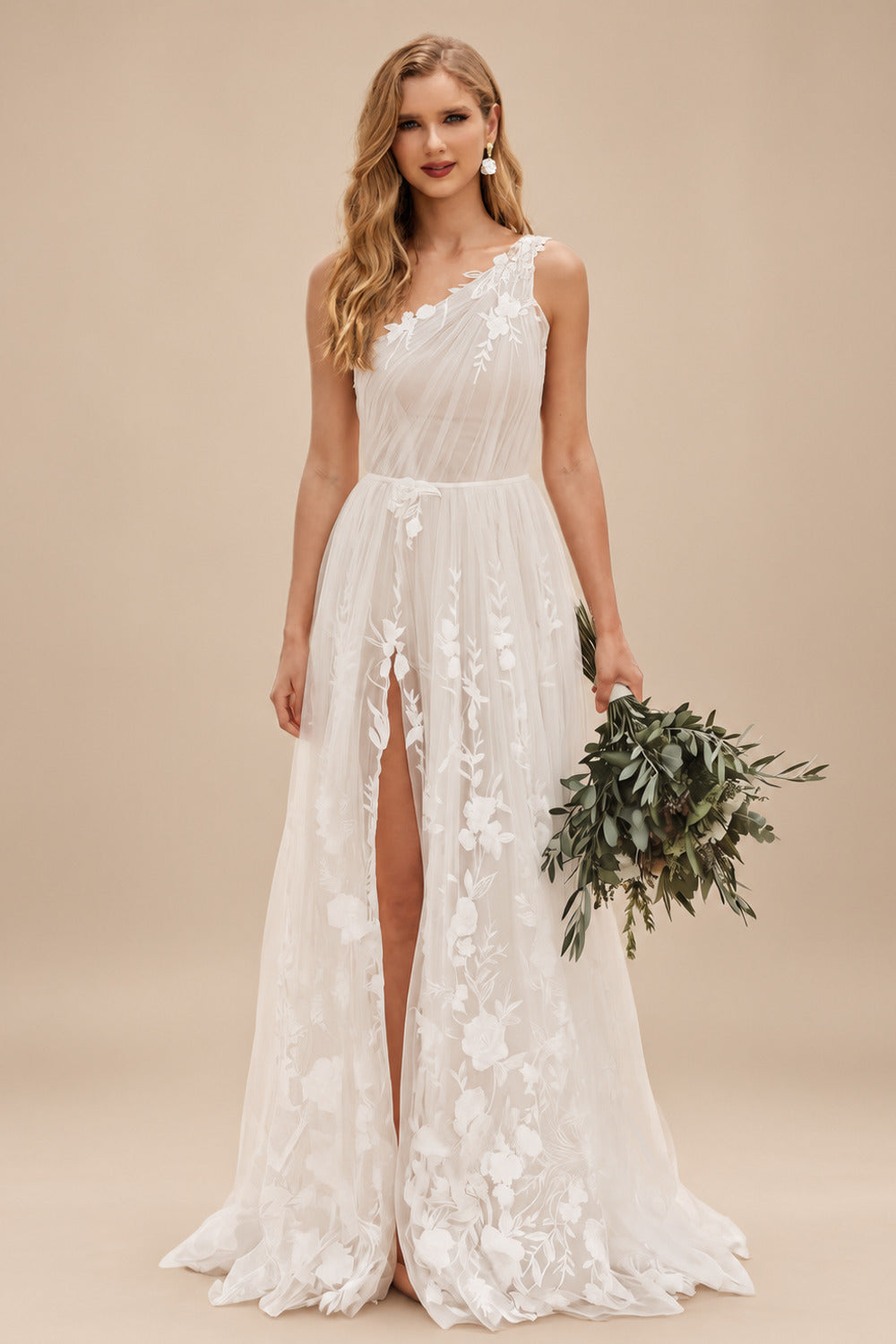 Rutipo Ivory A-Line One-Shoulder Sleeveless Sweep Train Tulle Bride Wedding Dress With Appliques Lace/High Split
