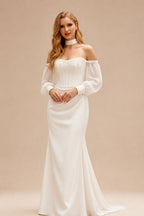 Rutipo Ivory Trumpet/Mermaid Off-The-Shoulder Long Sleeves Chapel Train Crepe Satin Wedding Dresses With Beading