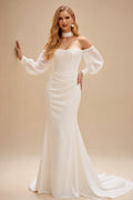 Rutipo Ivory Trumpet/Mermaid Off-The-Shoulder Long Sleeves Chapel Train Crepe Satin Wedding Dresses With Beading