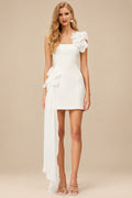 Rutipo Ivory A-Line Square Neckline Sleeveless Short/Mini Twill Satin/Liquid Tulle Bride Wedding Dress With Sweeping Side Drape