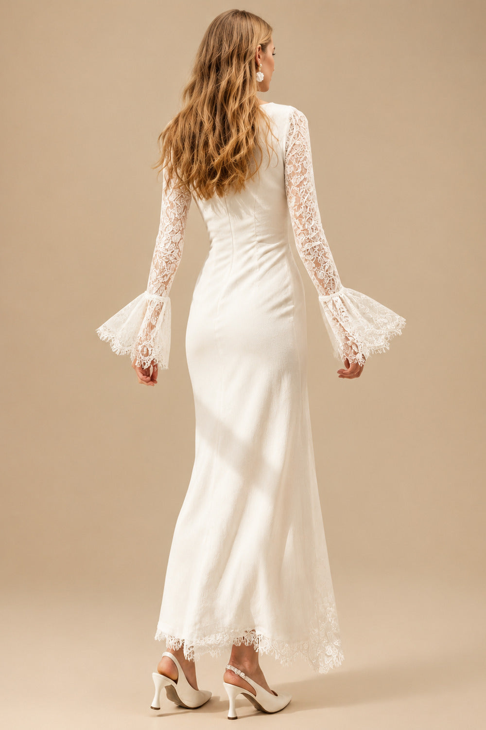 Rutipo Ivory Trumpet/Mermaid High Neck Long Sleeves Ankle-Length Lace/Elastic Satin Bride Wedding Dress With Flower