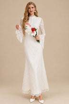 Rutipo Ivory Trumpet/Mermaid High Neck Long Sleeves Ankle-Length Lace/Elastic Satin Bride Wedding Dress With Flower