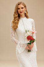 Rutipo Ivory Trumpet/Mermaid High Neck Long Sleeves Ankle-Length Lace/Elastic Satin Bride Wedding Dress With Flower