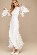 Rutipo Ivory Trumpet/Mermaid High Neck Long Sleeves Ankle-Length Lace/Elastic Satin Bride Wedding Dress With Flower