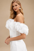 Rutipo White Off-The-Shoulder Sleeveless Short/Mini Organza/Matte Satin Bride Wedding Dress With Flower