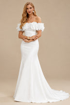 Rutipo White Off-The-Shoulder Sleeveless Short/Mini Organza/Matte Satin Bride Wedding Dress With Flower