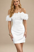 Rutipo White Off-The-Shoulder Sleeveless Short/Mini Organza/Matte Satin Bride Wedding Dress With Flower