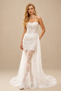 Rutipo Ivory Trumpet/Mermaid Off-The-Shoulder Sleeveless Court Train Lace Wedding Dress With Lace