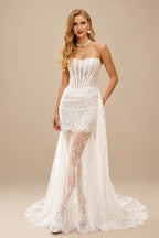 Rutipo Ivory Trumpet/Mermaid Off-The-Shoulder Sleeveless Court Train Lace Wedding Dress With Lace