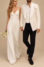 Rutipo Ivory A-Line V-Neck Sleeveless Open Back Sweep Train Crepe Satin Bride Wedding Dress