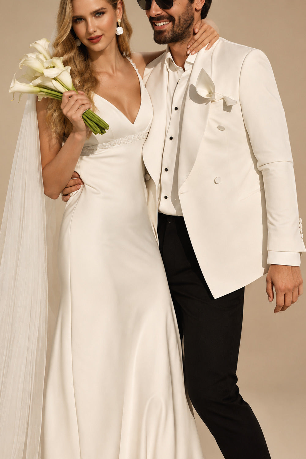 Rutipo Ivory A-Line V-Neck Sleeveless Open Back Sweep Train Crepe Satin Bride Wedding Dress