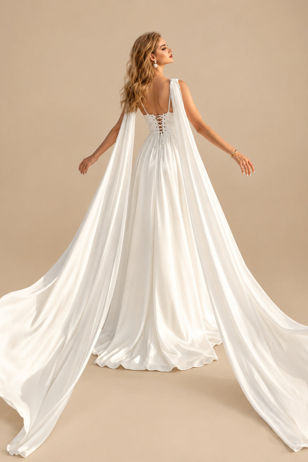 Rutipo Ivory A-Line Cowl Neck Sleeveless Sweep Train Stretch Satin Bride Wedding Dress With Pockets/Detachable Shawl