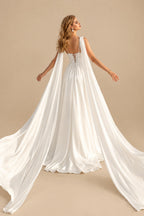Rutipo Ivory A-Line Cowl Neck Sleeveless Sweep Train Stretch Satin Bride Wedding Dress With Pockets/Detachable Shawl